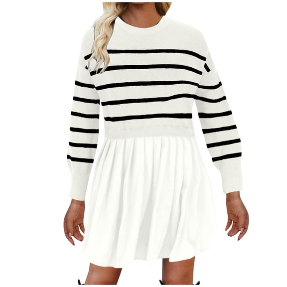 Kaemgyyd Womens Fall Long Sleeve Stripe Pleated Pullover Mini Dress Crew Neck Knit Patchwork Casual Sweatshirt Dress