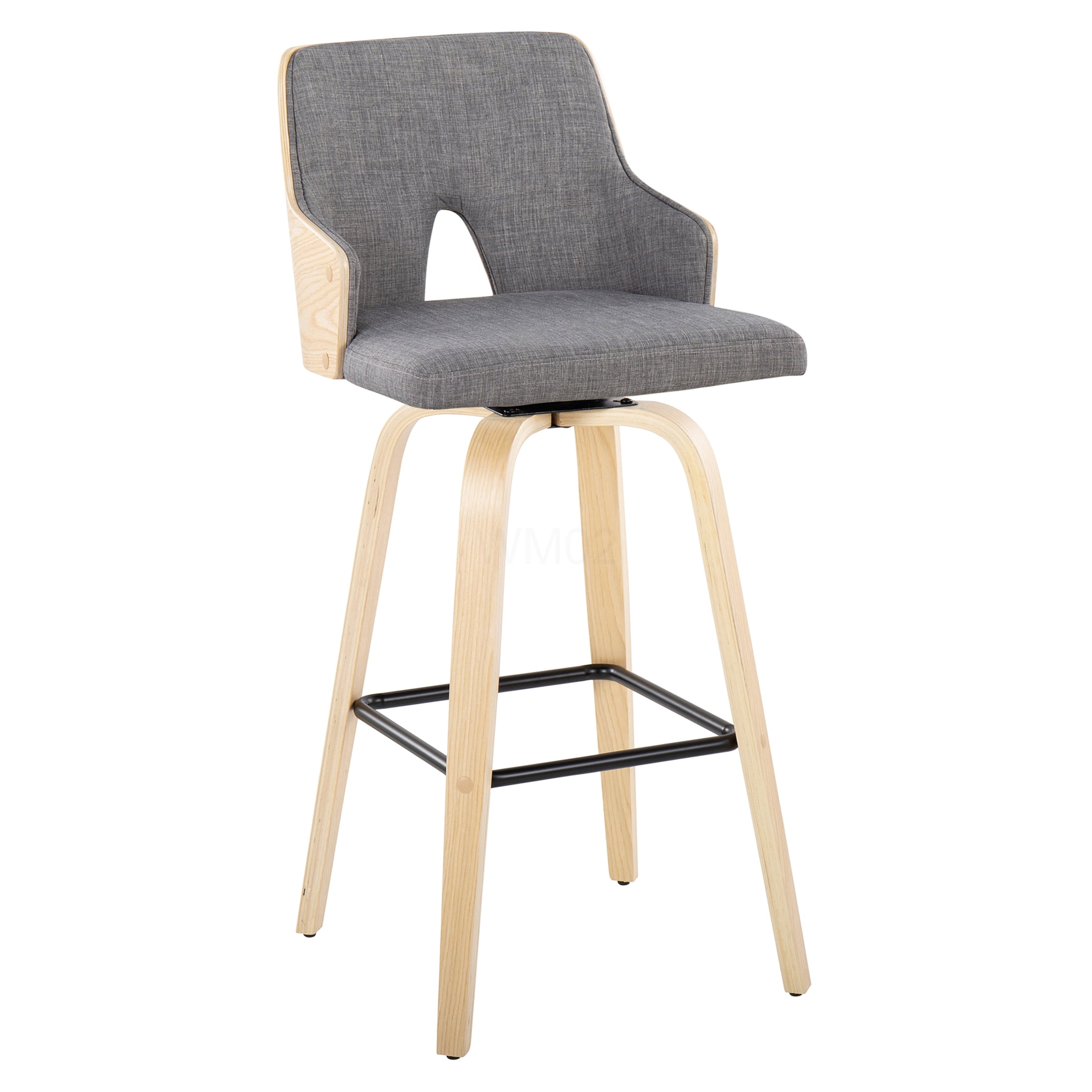 Natural Wood Bar Stools Set of 2 with Swivel, Grey Fabric Upholstered Counter Height Stools with Metal Footrest
