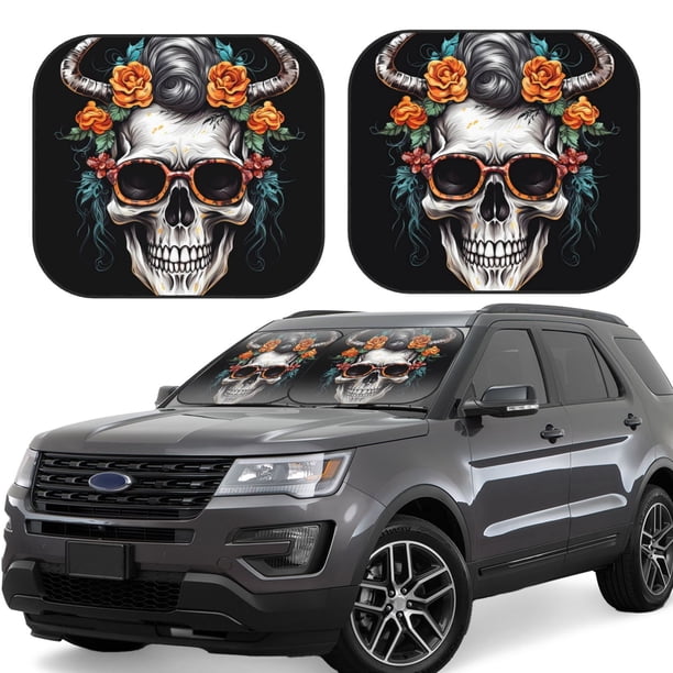 Balery Flower Horn Skull A Parasol para parabrisas de coche de 2 piezas | Parasol plegable para parabrisas delantero de coche para la mayoría de sedanes-Large