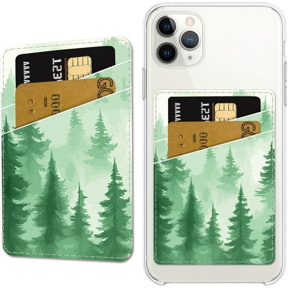 Tree Forest Phone Card Holder Leather Cell Phone Wallet Stick on Adhesive Credit Card Holder Slim Double Pocket Sticker for Back of Phone Case Compatible with Most Phone Green 3.7x2.5 Inch