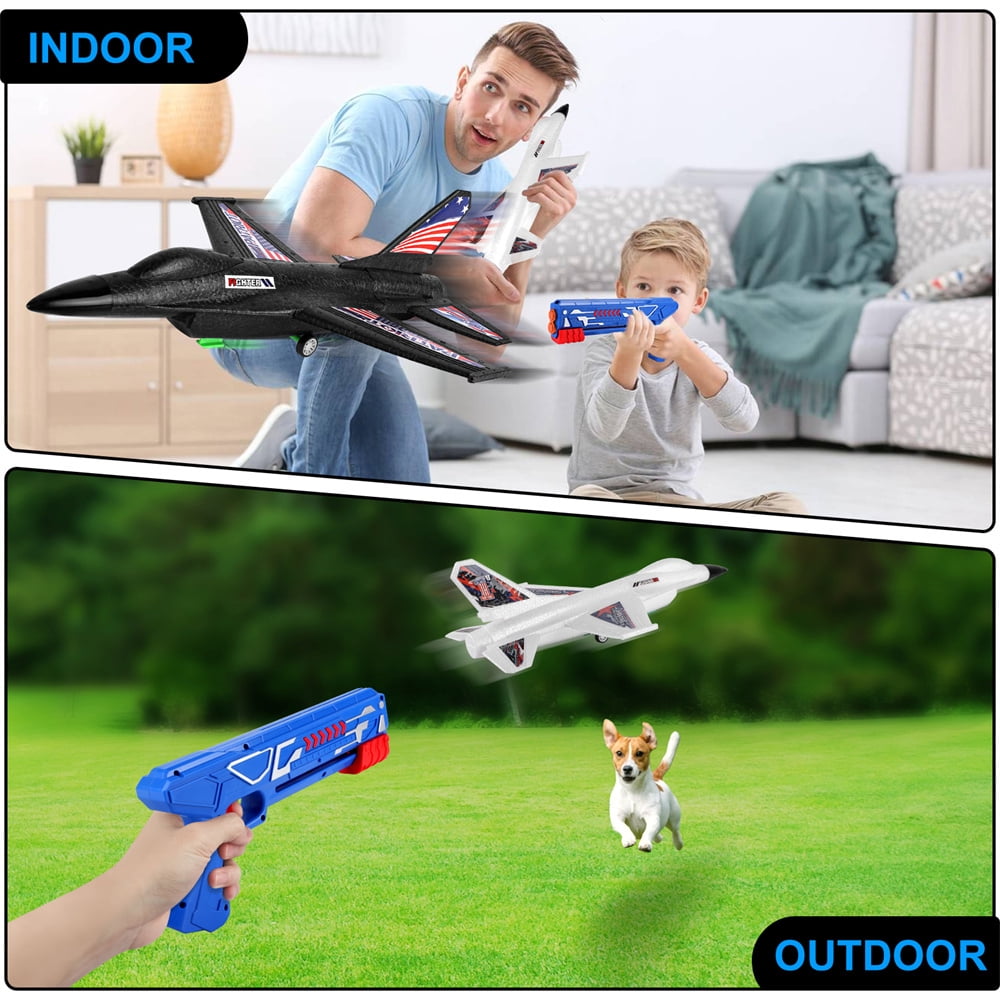Growsly 2 Pack Catapult Airplane Foam Warplane Glider Toys with Launcher Xmas Gifts for 4-12 Years Old Kids, Black and White