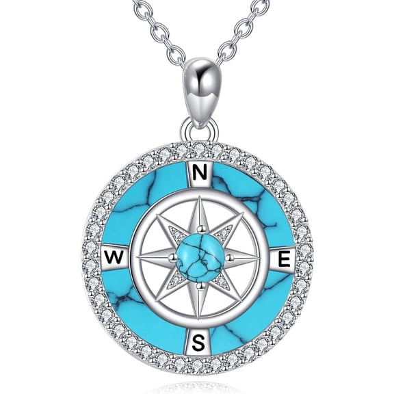 Sterling Silver Compass Moissanite Turquoise Pendant Necklace Women Jewelry Gift for Women Christmas Birthday Valentine's Day