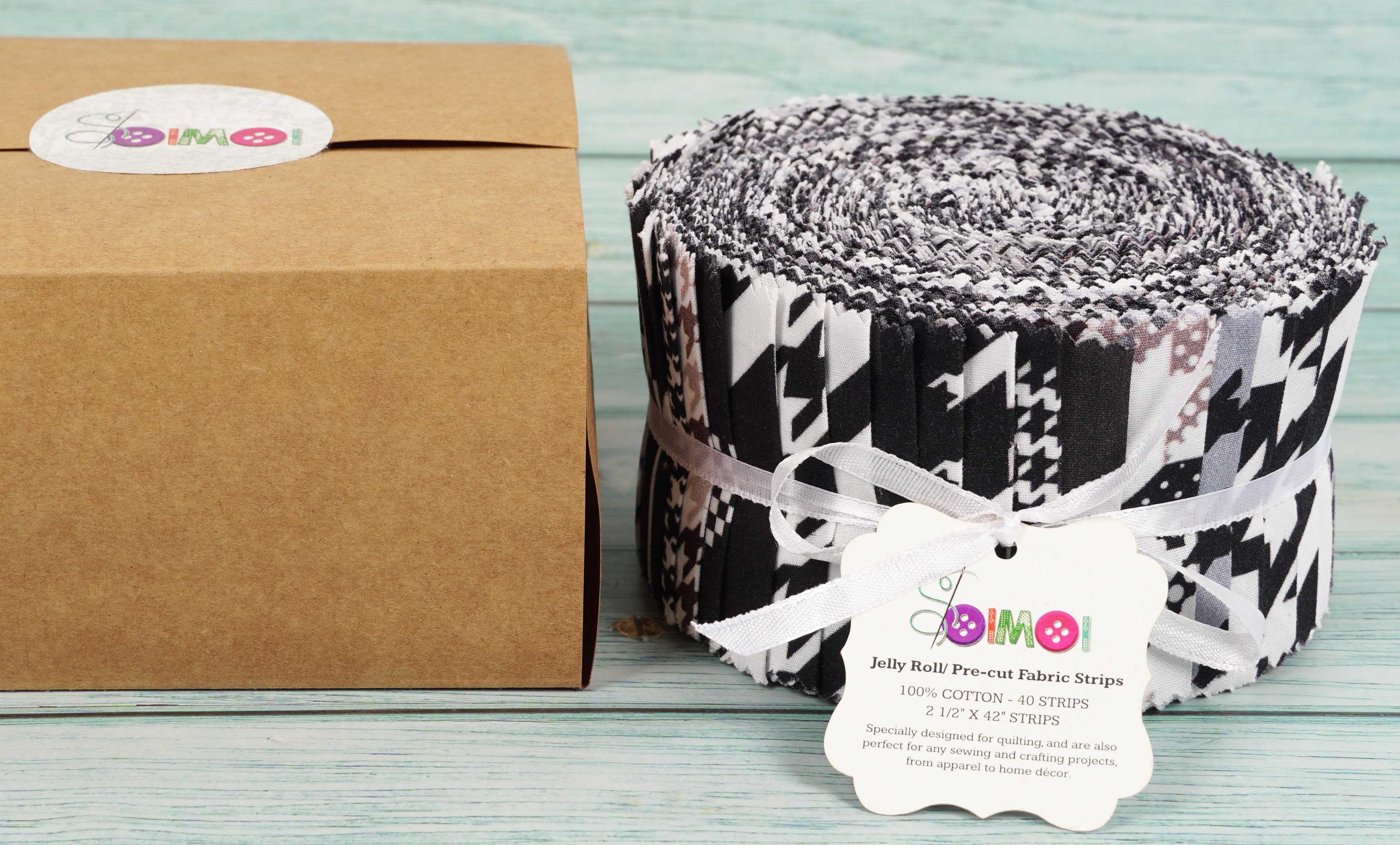 Soimoi 40Pcs Houndstooth Print Cotton Precut Fabrics For Quilting Craft Strips 2.5x42inches Jelly Roll - White & Black