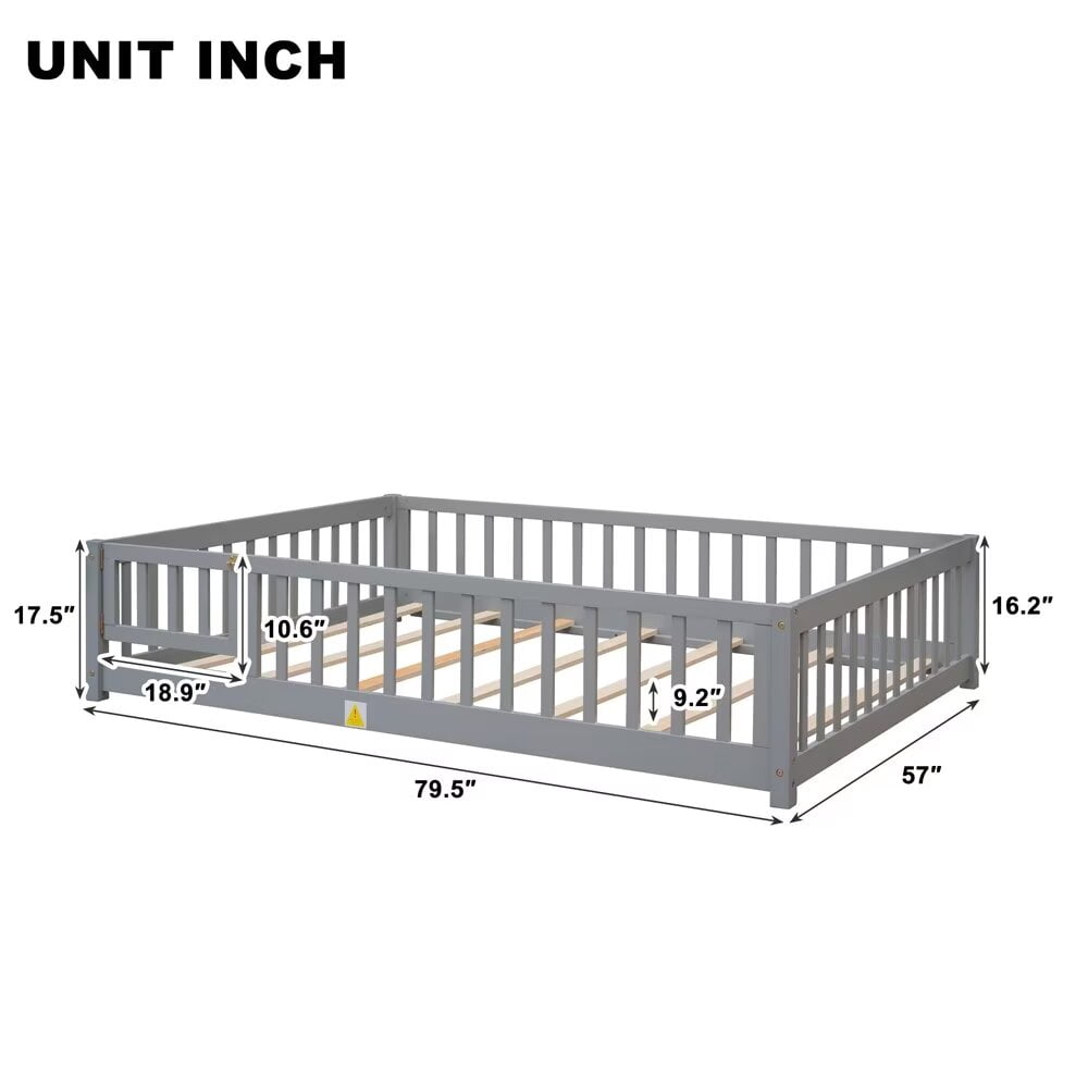 Full Size Floor Bed Frame for Kids Toddlers, Wooden Montessori Bed with 7 Wood Slats, Fence-Shaped Guardrails and Door for Boys Girls Bedroom Playroom, No Box Spring Needed, Gray