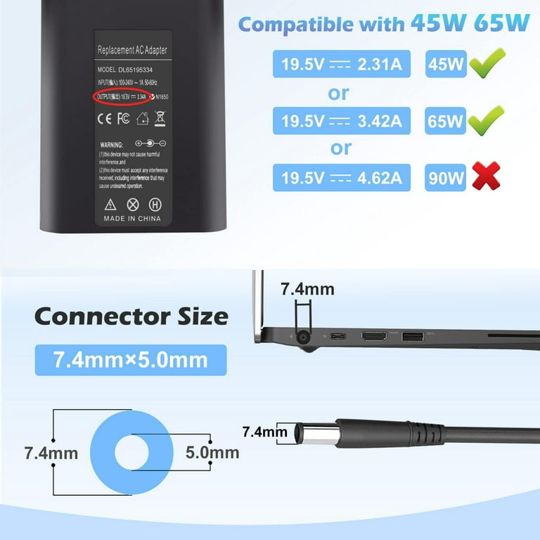65W LA65NS2-01 Laptop Charger AC Adapter for Dell Latitude 5400 5500 5480  5490 5580 5590 7400 7480 7490 7390 7290 7280