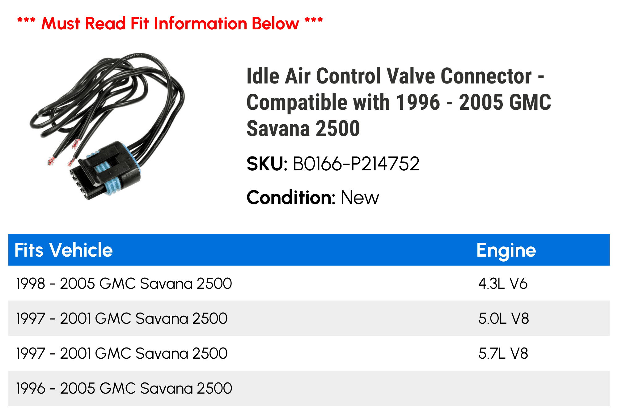 Idle Air Control Valve Connector - Compatible with 1996 - 2005 GMC Savana 2500 1997 1998 1999 2000 2001 2002 2003 2004