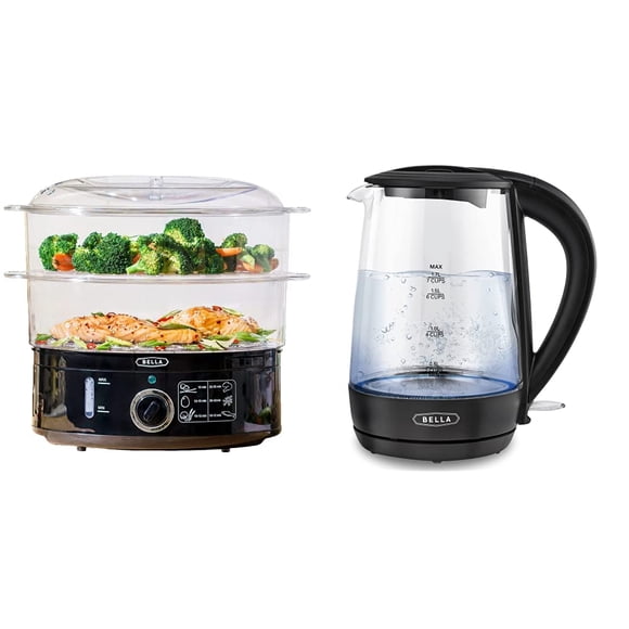 BELLA Two Tier Food Steamer, 7.4 QT, Black & 1.7 Liter Glass Electric Kettle, Quickly Boil 7 Cups of Water in 6-7 Minutes, Soft Blue LED Lights Illum