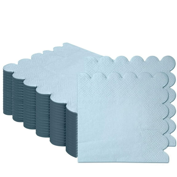 100 Pieces 2-Ply Light Blue Scalloped Napkins Folded 5 x 5 inch Disposable Cocktail Napkins Paper Napkins