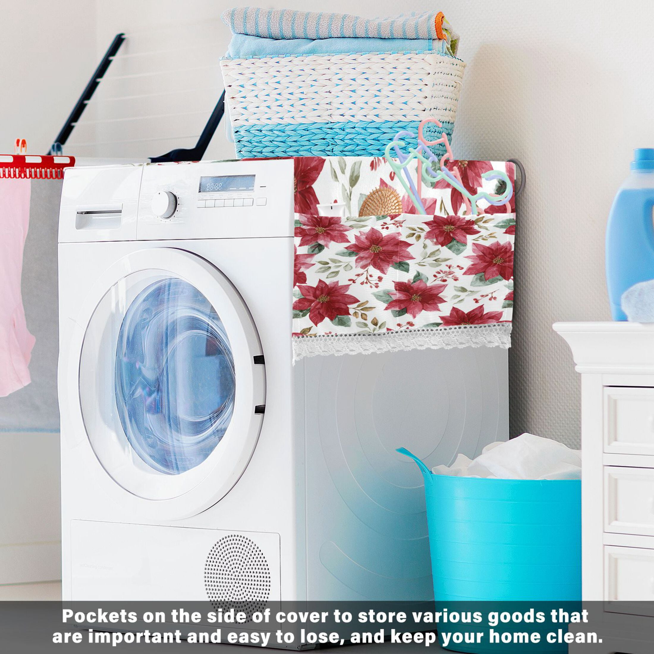 Wobogo Poinsettia Flowers Washing Machine Cover Dustproof Washer Dryer Cover Waterproof Laundry Room Decorative Protector