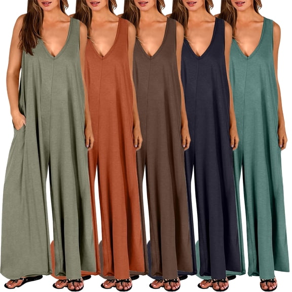 FLMEI Plus Siz Jumpsuits for Women Casual Jumpers Summer Rompers Sleeveless Loose Wide Leg Overalls with Pockets S-3XL