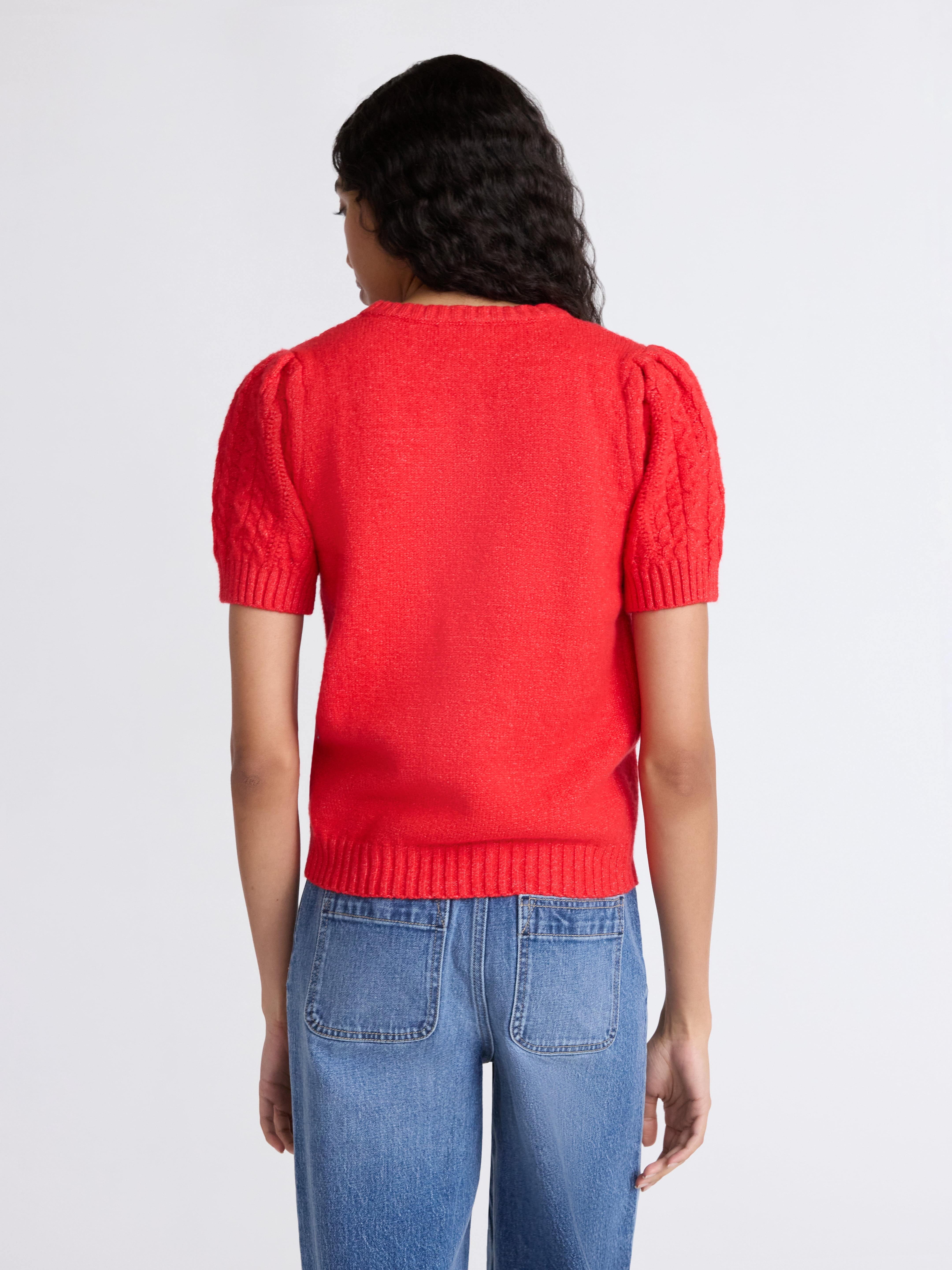Free Assembly Women's Cable Knit Sweater with Short Puff Sleeves, Sizes XS-XXL