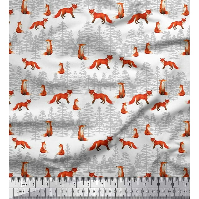 Soimoi White Rayon Fabric Cedar Tree & Fox Animal Fabric Prints By Yard 42 Inch Wide