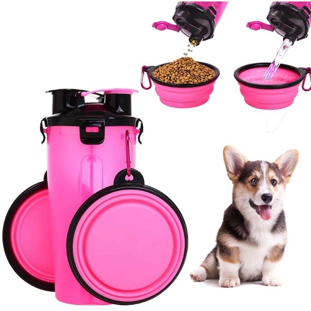 alimentos para mascotas Botella de agua para perros, 2 en 1, portátil, a prueba de fugas, para perros, con 2 tazones plegables para perros, rosa Zhivalor LN-0771