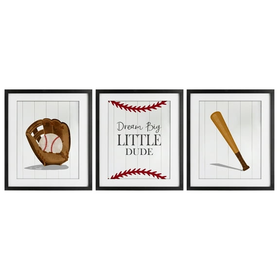 Stupell Industries Get Your Baseball Game On 3 Piece Black Framed Print Under Glass Set, design by Christine Simpson Art