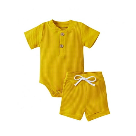 

Summer Newborn Baby Boy Girl Clothes Set Ribbed Outfits Unisex Infant Solid Cotton Button Short Sleeve Tops Shorts 2PCS