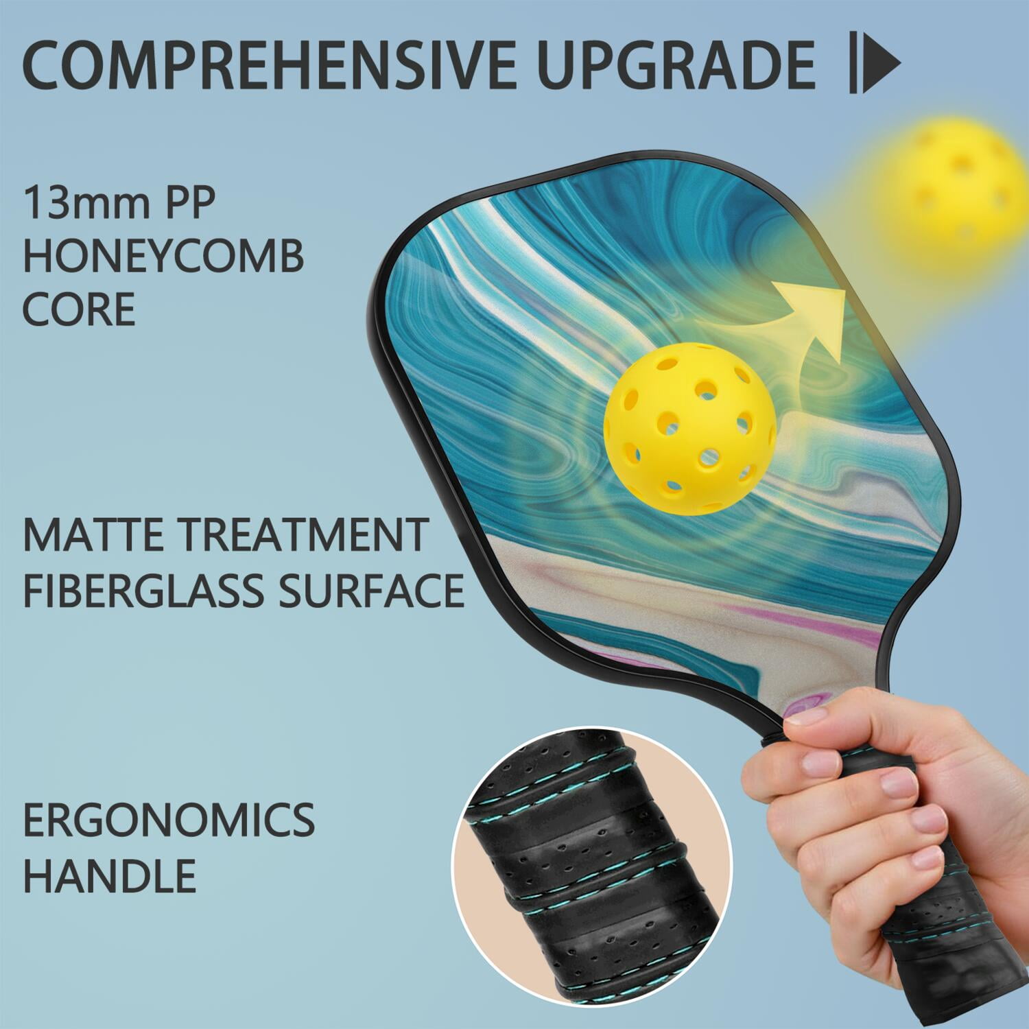 Pickleball Paddles Set Of 1, Fiberglass Surface, Liquid & Marble Print, 1 Paddles, 2 Balls & Bag