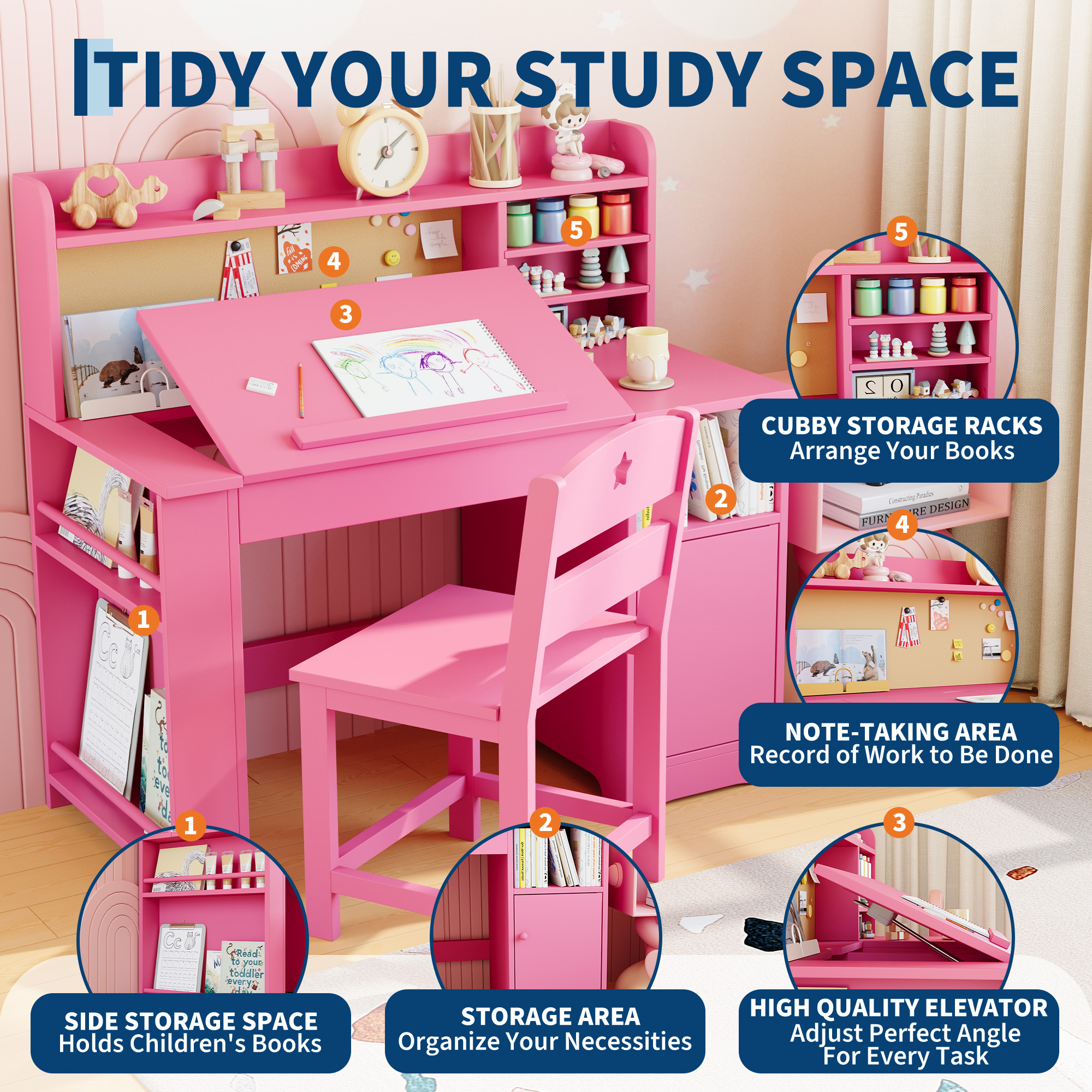Kids Study Desk & Chair Set with Storage, Kids Study Desk with Hutch and Tiltable Desktop, Wooden Children Table with Storage Cabinet for 3-8 Years Old, Student Writing Table for Bedroom