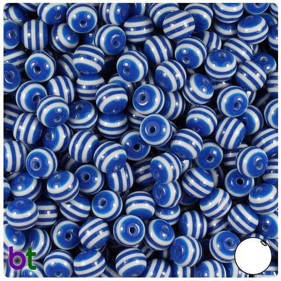 BeadTin Dark Blue & White Striped 8mm Round Resin Beads (120pcs)
