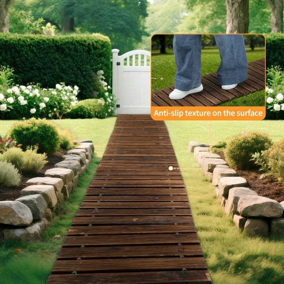 Lorelo 8/12FT x 43cm Garden Pathway, Wooden Garden Pathway, Outdoor Roll Out Walkway Pathway, Wooden Garden Bridge Walking Passage for Patio, Lawn, Backyard, Beach