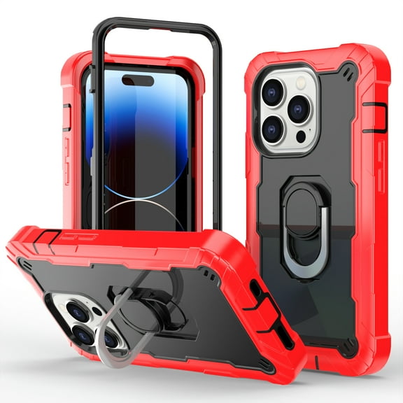 Compatible with iPhone 14 Pro Case 6.1 Inch 2022, Hybrid 2 in 1 Hard PC Soft TPU Heavy Duty Rugged Bumper Shockproof Full-Body Protective Cover with Finger Ring Kickstand,Red/Black