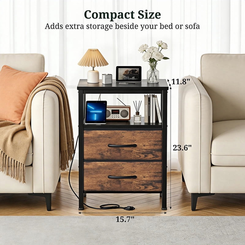 Kelno Nightstand with 2 Fabric Drawers Charging Station USB TypeC Outlets Small Bedside Table with Wood Top Open Storage Shelf, Black Brown