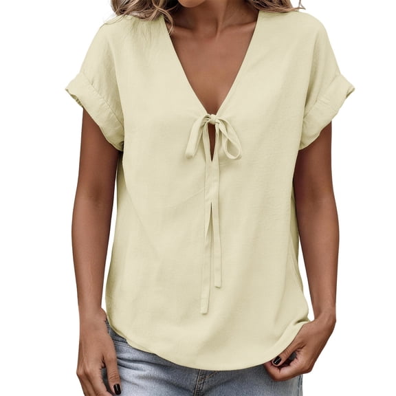 Tweang Women's Cotton Tops Lapel Long Blouses Tops Roll Up Short Sleeve T-shirt Embroidery Gauze T-shirt for Women V Neck Embroidered Shirt Button Down Plaid Shacket Shirt Loose Fit Tunic Beige L