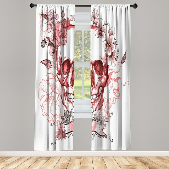 Ambesonne Grunge Curtains, Skull and Flowers Mexican, Pair of 28"x95", Dark Coral