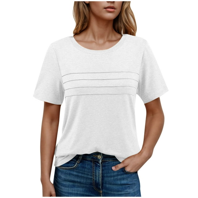 Yanlir Classique Hauts à Col Rond Manches Courtes pour Femmes Couleur Unie Printemps Été Blouse Décontractée, Basique Coupe Ample Style T-Shirt pour Usage Quotidien 2025(Blanc2,)