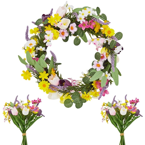 Charming Spring Tulip & Lavender Wreath Artificial Floral Wreath with Greenery Real Rattan 2 Bouquets Perfect for Door Porch Home Decor Year-Round Display