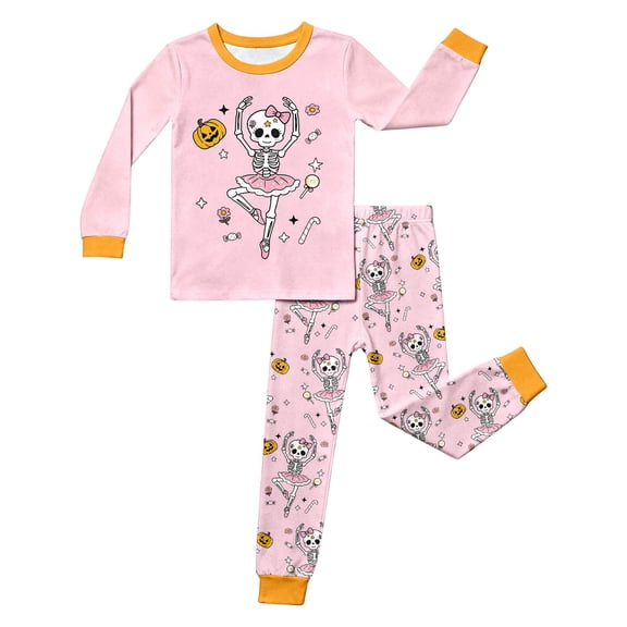 WOYY Girls Halloween Pajama Sets Long Sleeve Graphic Tee Pants Kids Sleepwear, Sizes 2-12