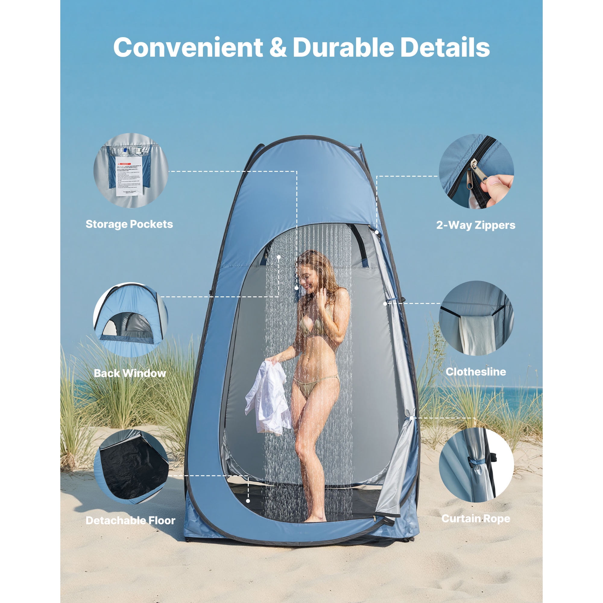 KFFKFF Camping Shower Tent, Instant Setup Changing Room with Storage Bag, Ground Stakes, Ropes, Carry Bag, Durable 190T Polyester with Silver Coating, Ideal for Camping & Outdoor Activities