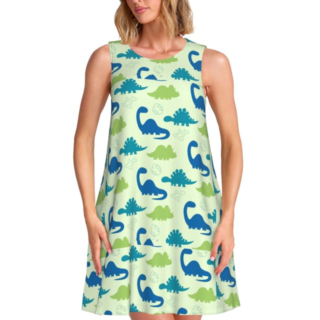 Balery Cute Dinosaur Blue Green Vestidos de verano para mujer con estampado: vestido holgado sin mangas, vestido playero informal y cómodo para días calurosos.