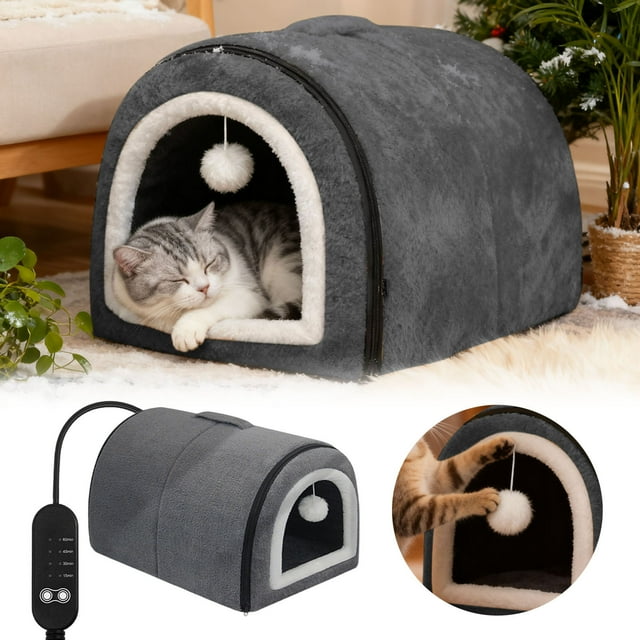 Heated Cat Bed with Temperature Control Detachable Semi Enclosed Design and Arched Roof for Indoor Comfort