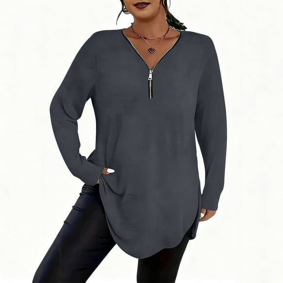 fatyb Hauts Grande Taille pour Femmes Col en V Décontracté T-Shirts à Fermeture Éclair devant Manches Longues Chemisiers Amples pour Femmes
