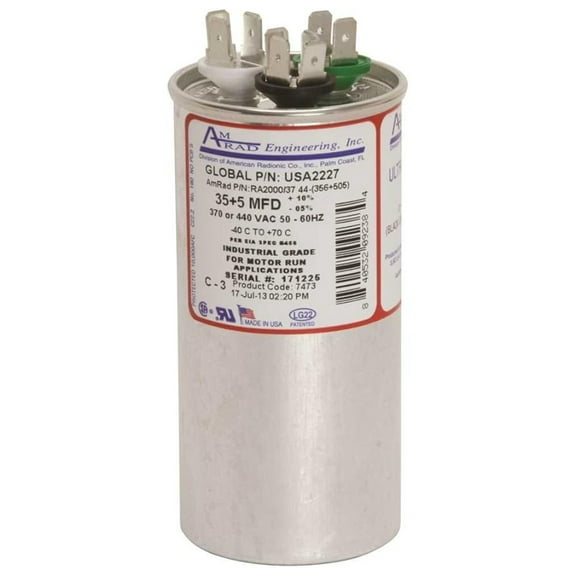 USA-Made Motor Run Capacitor 35/5 Mfd 370/440 VAC - Armed Engineering USA2227 - Round Capacitor for HVACR Motors