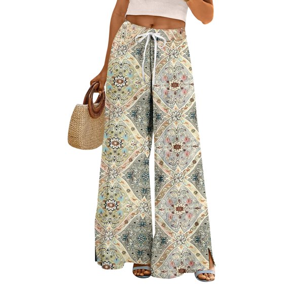 Minjewel Palazzo Pants for Women Print Wide Leg - High Waist Casual Trousers Pockets Elastic, Wide Leg Pants Boho Summer Trousers, Pants for Women for Beach Daily,Beige L