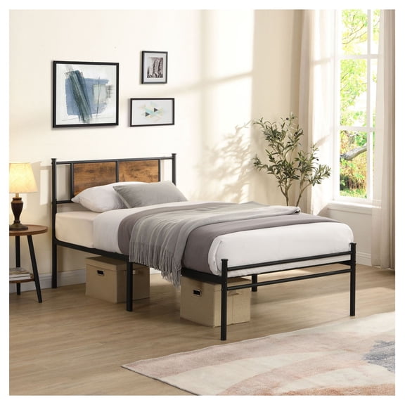 Twin Metal Bed Frame with Headboard, Black - Modern Platform Bed with Under Bed Storage, No Box Spring Needed, 300lbs Capacity