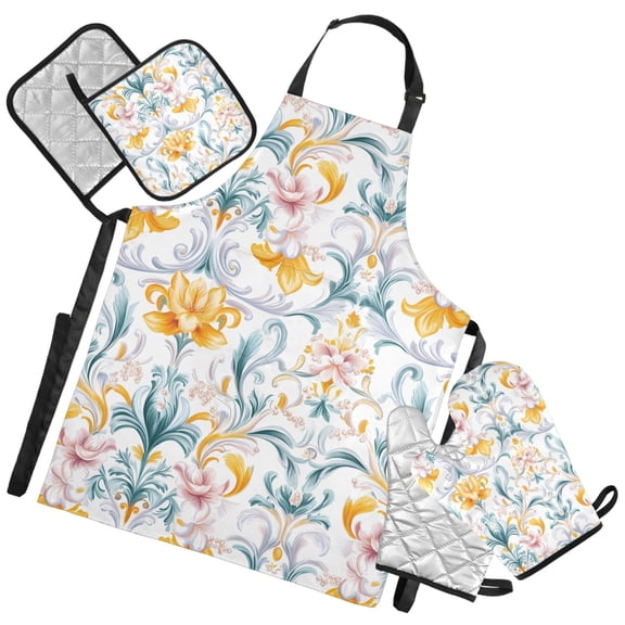 Ryvnso Yellow Vintage Flower Kitchen Apron Oven Mitts Set Pot Holders