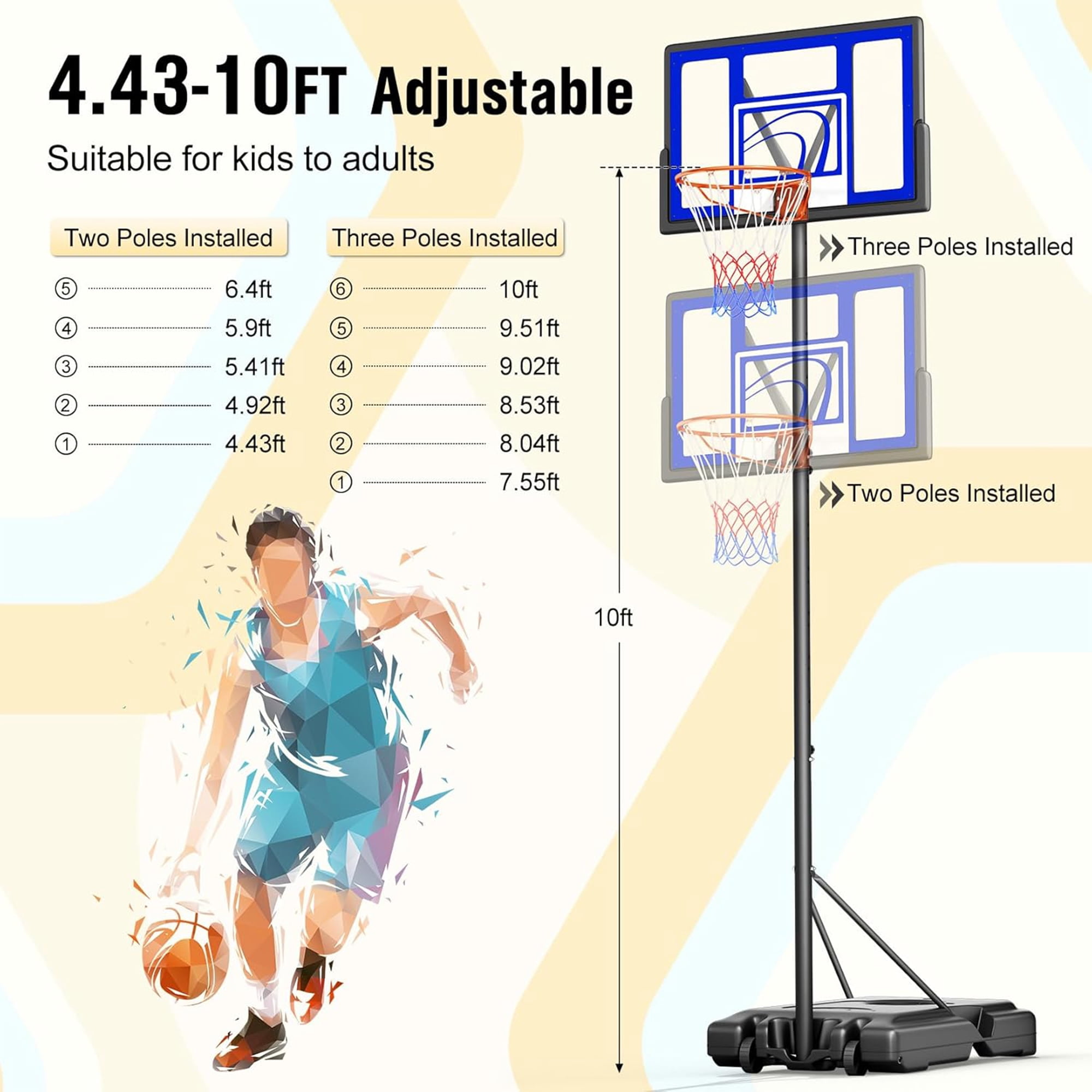 Toremore 44" Basketball Hoop Outdoor 4.43-10ft Adjustable, Portable Basketball Hoop Goal System with Shatterproof Backboard and Larger Base for Kids Youth and Adults, Blue