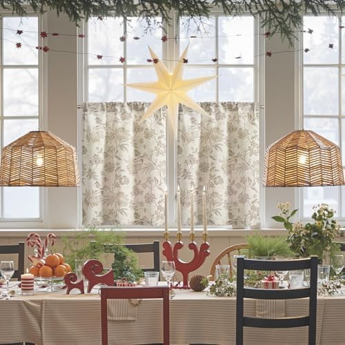 Floral Linen Tier Curtains 24 Inch Farmhouse Cafe Curtains Rod Pocket Country Flower Drapes for Small Windows for Kitchen Laundry Room Bathroom RV 2 Panels Light Filtering Taupe on Beige