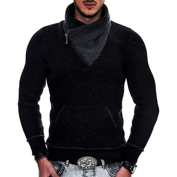 jsaierl Sweaters for Men Knit Shawl Collar Pocket Top Long Sleeve Slim Zip Fall and Winter Pullover Sweater