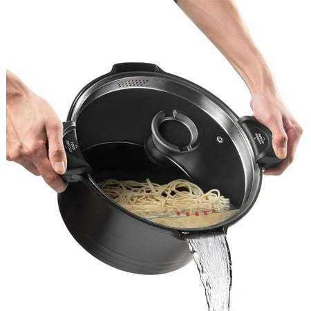 

8.5qt Pasta Pot with Strainer Lid Cast Aluminum Stockpot Multipot Nonstick Ceramic Coating make Cleanup easy with Tempered Glass Lid Dishwasher Safe Induction Black