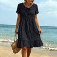 thumbnail image 4 of Ayolanni Dresses for Women 2026 Solid V Neck Short Sleeve A-Line Midi Dress Beach Travel Cotton Linen Flowy Dress Black L, 4 of 8