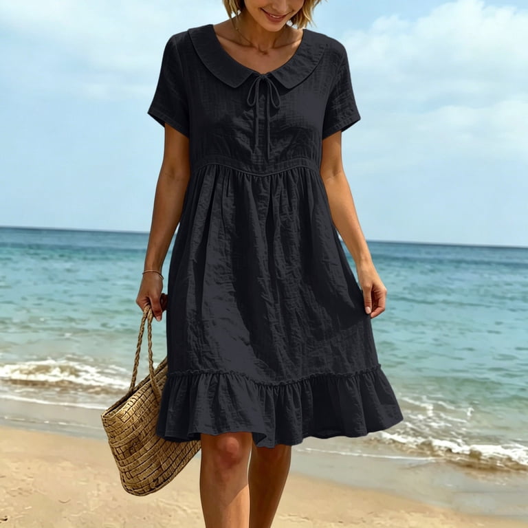 peter pan collar knee length dress Lummeres Summer for Women Cotton Linen Tie Neck Short Sleeves Ruffled Hem Knee-Length Dress, Women's, Size: Small, Black F/24