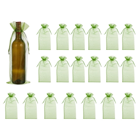 14.5 x 5.5 inch Organza Wine Bags, 20Pcs Drawstring Organza Bottle Gift Bags Sheer Wine Wrapping Bag for Bottle Wrap Birthday Christmas Wedding Party Favors, Olive Green
