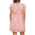 thumbnail image 2 of INSPIRE CHIC Women's Ruffle Sleeve Self-Tie V Neck Above Knee Ruffled A-Line Floral Chiffon Dress XL Light Pink, 2 of 5