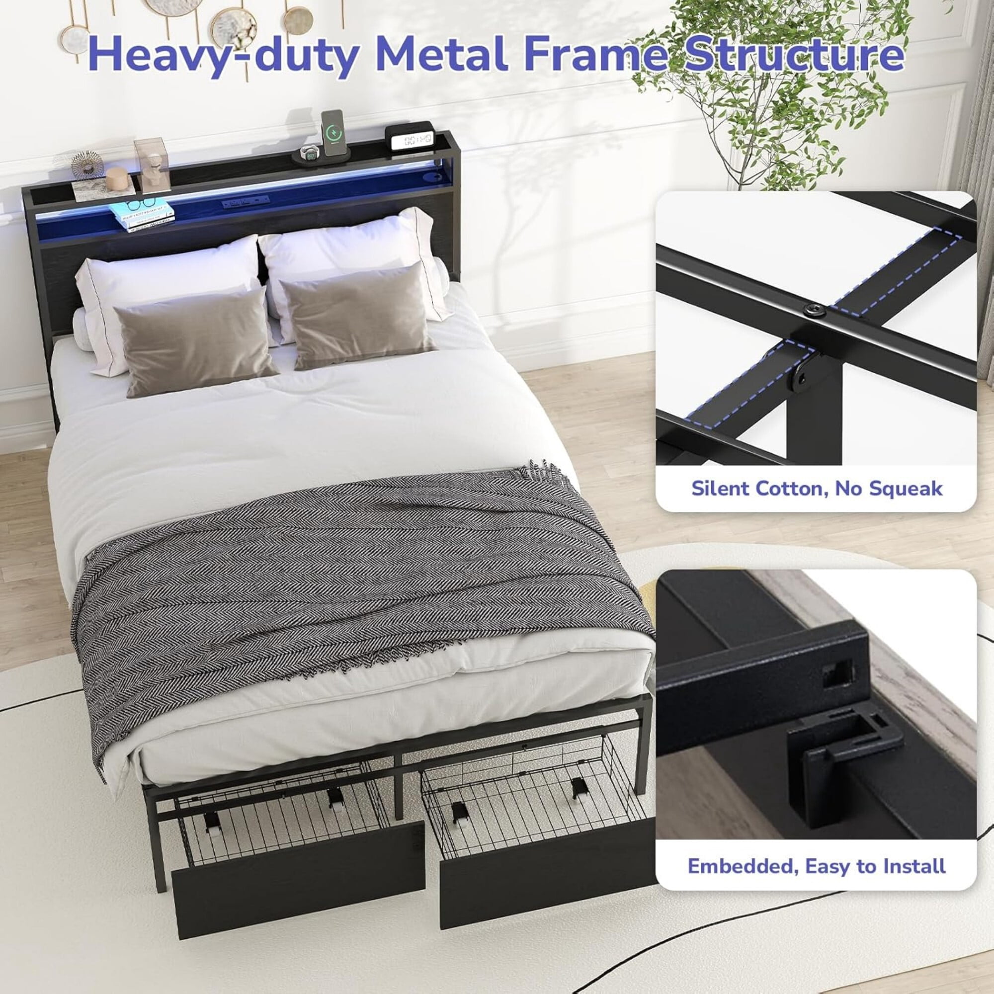 AENKYO Full Size Bed Frame with LED Lights, Storage Headboard & 2 Drawers, Built-in Charging Station, Antique Black