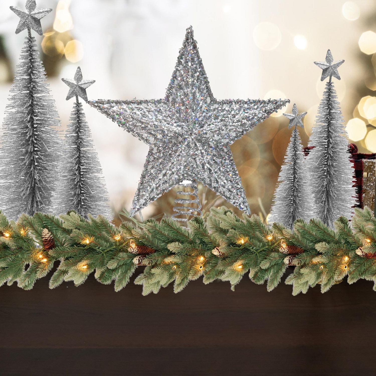 Holiday Time Silver Glitter Wire Star Christmas Tree Topper, Star Tree Topper