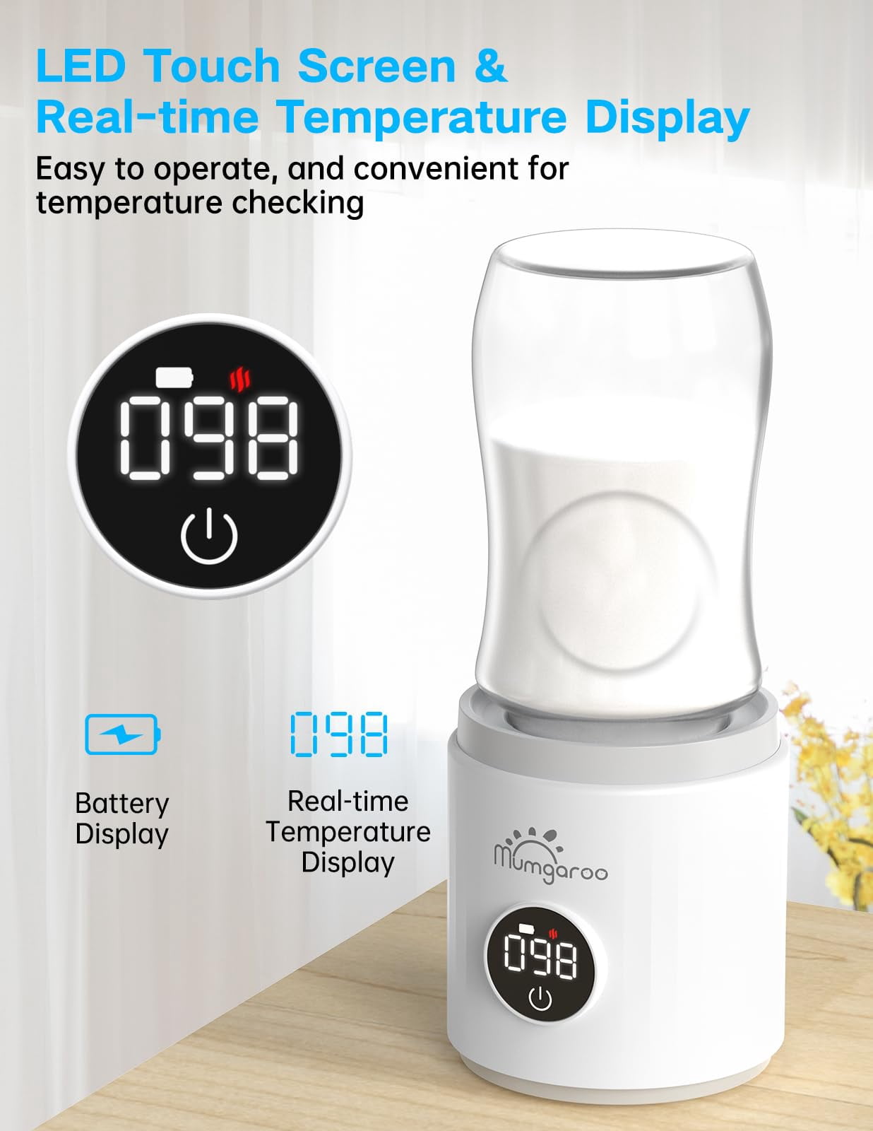 Bottle Warmer, Portable Bottle Warmer for Travel with 4 Adapters, LED Real-time Display & Rechargeable & Precise Temperature Control Travel Bottle Warmer for All Bottles Breastmilk & Formula