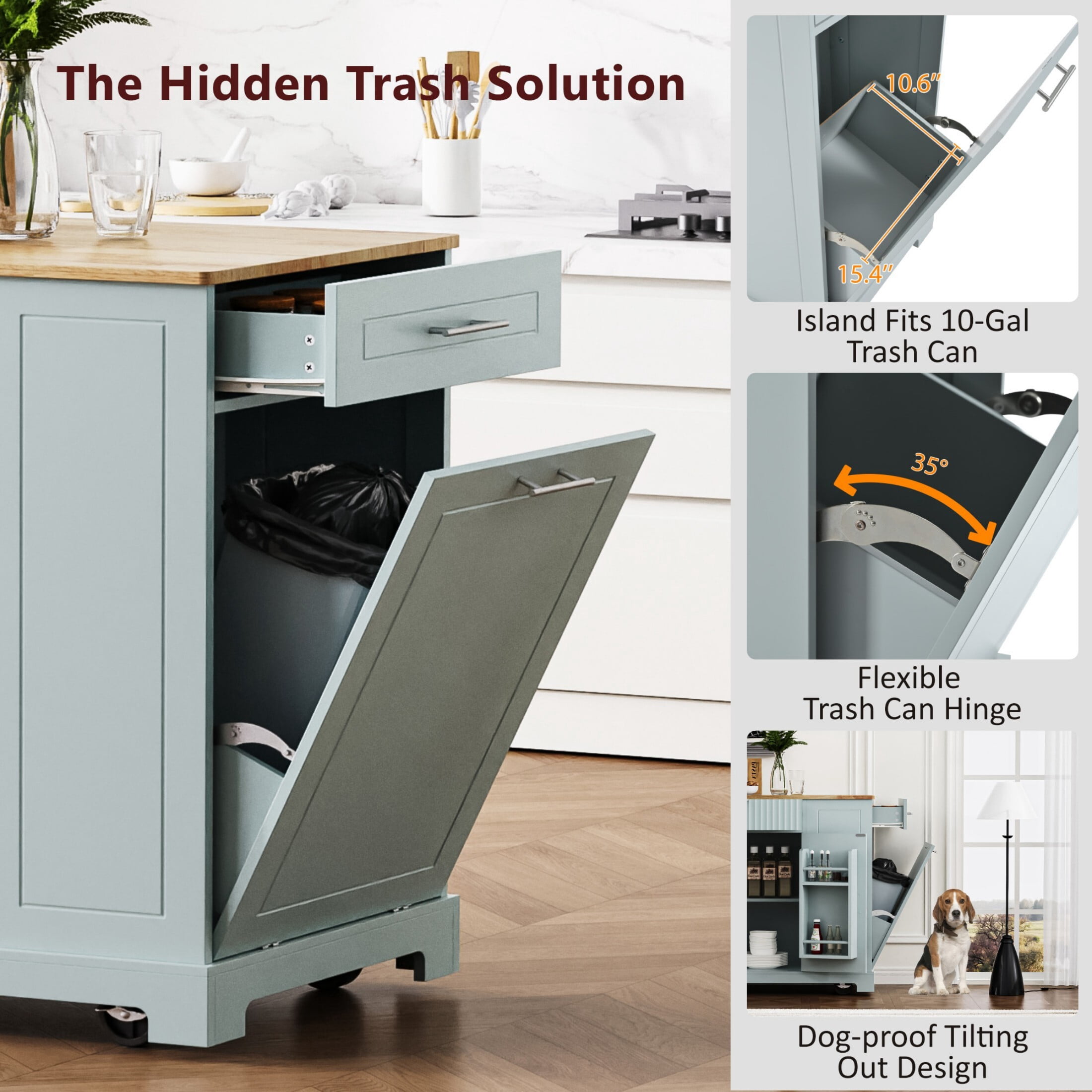 DEALTOPS 47.2'' Kitchen Island With Trash Can and Power Outlet, Rolling Kitchen Storage Cart with Open Shelves, Gray Blue